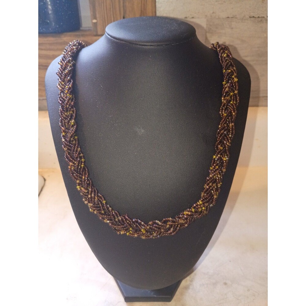 Handcrafted Earth-Tone Braided Seed Bead Statement Necklace Torsade 24"